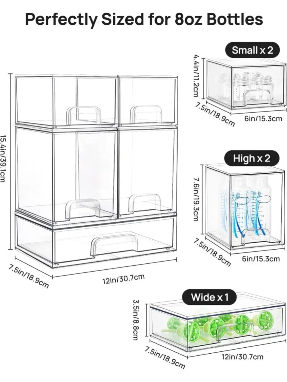 Stackable Clear Plastic Storage Drawers Set of 5 - Ideal for Baby Bottles
